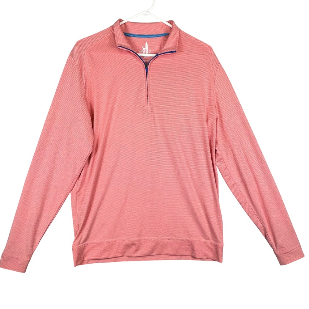 Johnnie-O Mens Medium Coral Pink Striped Quarter Zip Performance Pullover Top